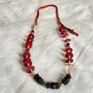 Modern Boho Handcrafted Statement Necklace Red Wood Discs Black Sculptural Beads